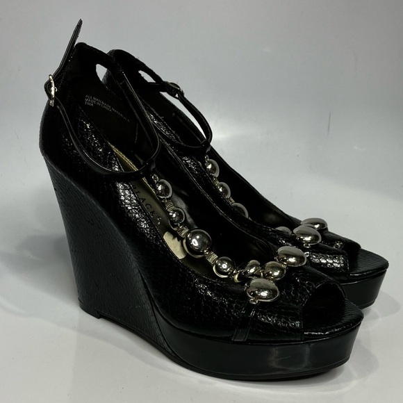 White House Black Market Shoes - White House Black Market wedge heels black reptile embossed leather size 7